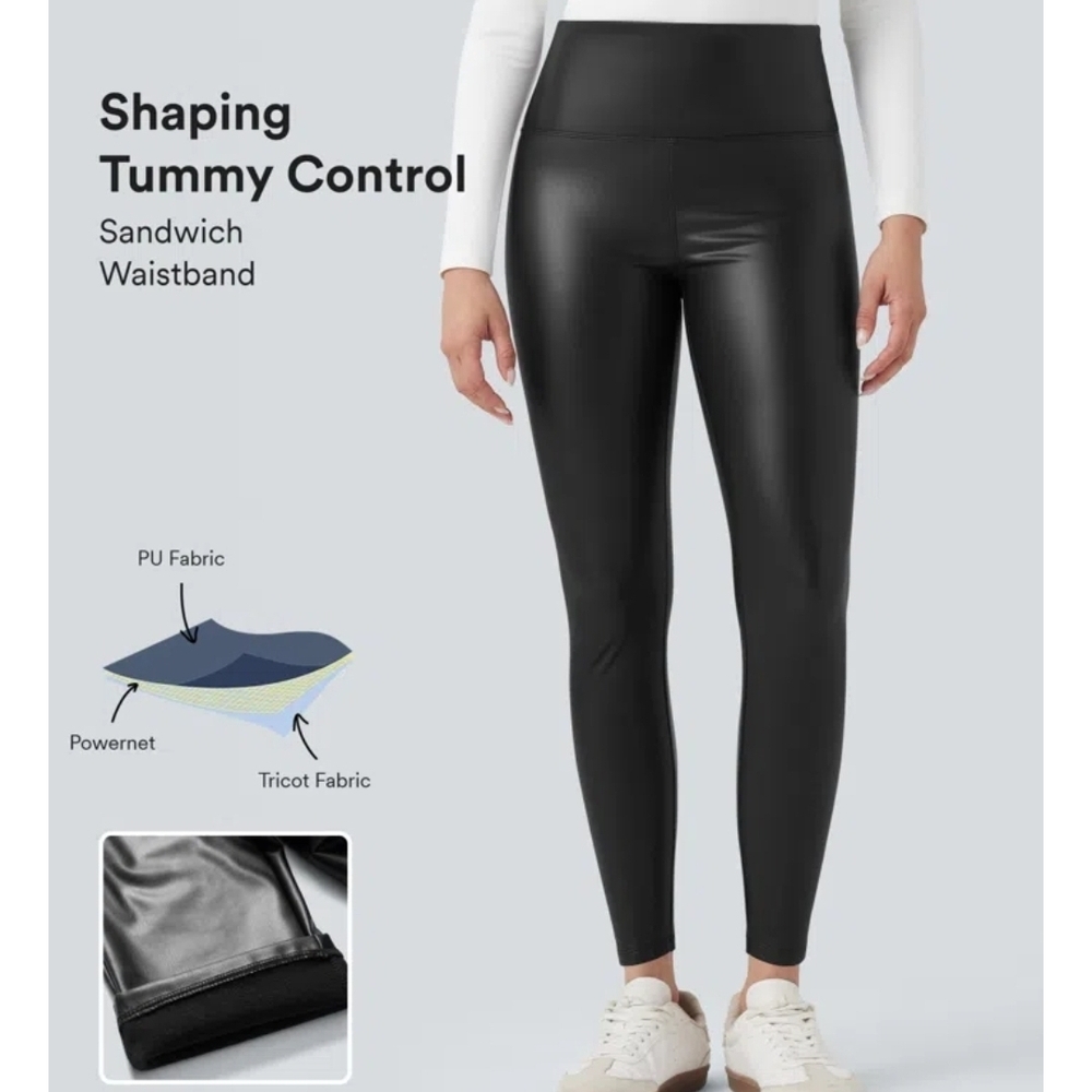 High Waisted Tummy Control Stretchy PU Fleece Skinny Casual Leggings